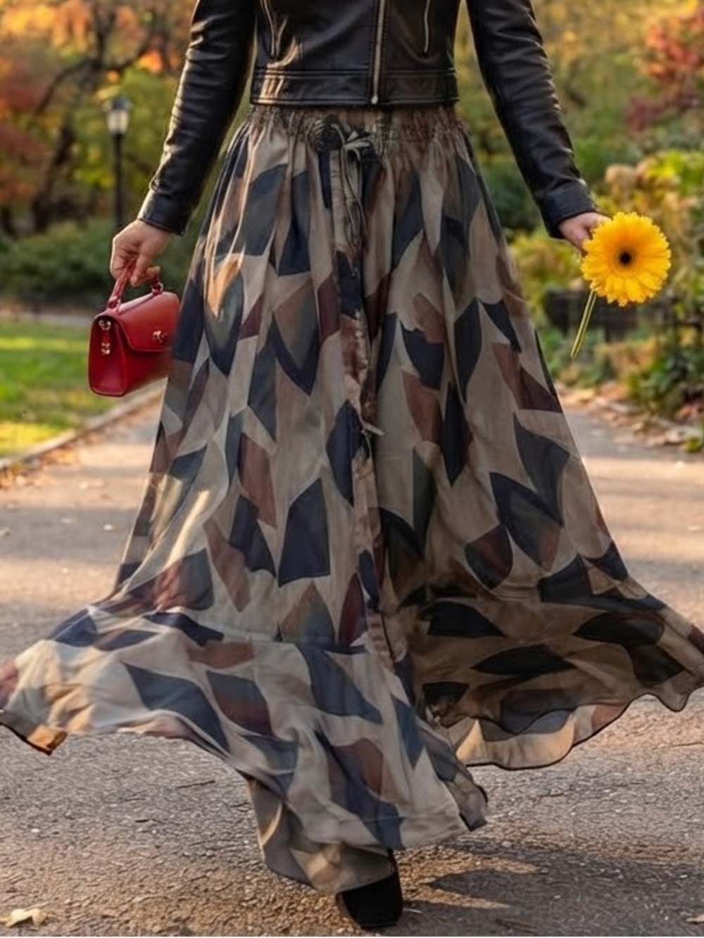 Promesa Geometric Print Maxi Skirt Smocked Waist Button Front Boho Neutral M